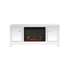60 in. mirrored TV stand with wood fireplace insert in white