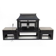 Steel Woodburning Fireplace with Log Storage Compartment & Side Tables