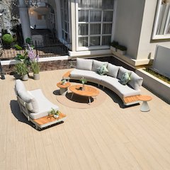 6 Place Seating Outdoor Cream Aluminum and Teak Contour Sofa Set