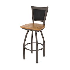 Swivel Bar Stool with Bronze Finish and Medium Oak Seat and Black Vinyl Back