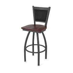 Swivel Bar Stool with Pewter Finish and Dark Cherry Oak Seat and Black Vinyl