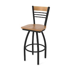 30" Swivel Bar Stool, Black Wrinkle Finish, Medium Back, Medium Maple Seat
