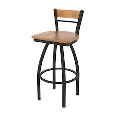 30" Swivel Bar Stool, Black Wrinkle Finish, Medium Back, Medium Maple Seat