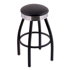 C8B3C Classic Series 30" Bar Stool with Black Wrinkle Finish, Ribbed Chrome Accent Ring, Black Vinyl Seat, and 360 swivel