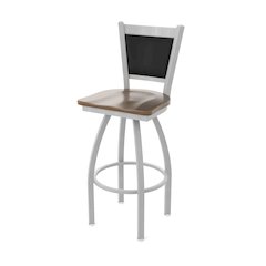 Swivel Bar Stool with Anodized Nickel Finish and Dark Maple Seat and Black Vinyl