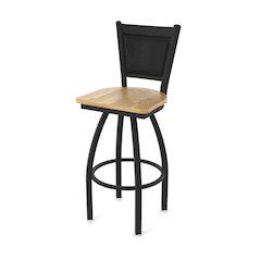 Swivel Bar Stool with Black Wrinkle Finish and Natural Oak Seat and Black Vinyl