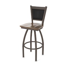 Swivel Bar Stool with Bronze Finish and Dark Maple Seat and Black Vinyl Back