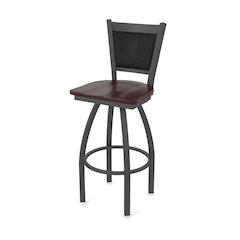Swivel Bar Stool with Pewter Finish and Dark Cherry Maple Seat and Black Vinyl