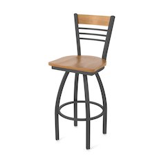 36" Swivel Extra Tall Bar Stool, Pewter Finish, Medium Back, Medium Maple Seat
