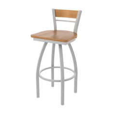 25" Swivel Counter Stool, Anodized Nickel Finish, Medium Back, Medium Maple Seat