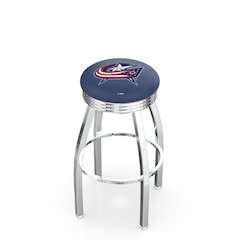 25" L8C3C - Chrome Columbus Blue Jackets Swivel Bar Stool with 2.5" Ribbed Accent Ring by Holland Bar Stool Company