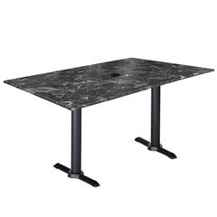 Two 30" Tall OD211EB Indoor/Outdoor All-Season Table Bases with a 30" x 48" Black Marble Top with Umbrella Hole