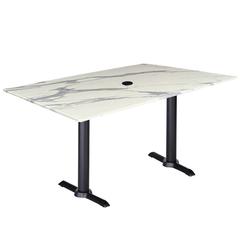 Two 30" Tall OD211EB Indoor/Outdoor All-Season Table Bases with a 30" x 48" White Marble Top with Umbrella Hole