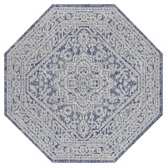 Sinjuri Medallion Textured Weave Navy/Gray 8' Octagon Indoor/Outdoor Area Rug