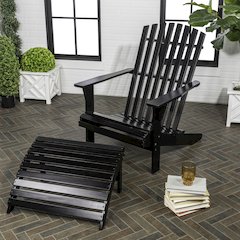 Kianta Black Acacia Wood Outdoor Adirondack Chair w/ Ottoman