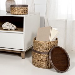 Gouda Southwestern Hand-Woven Hyacinth Circular Nesting Baskets With Wood Lids