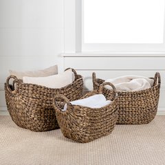 Nellie Farmhouse Classic Handwoven Hyacinth Storage Boat Baskets with Handles