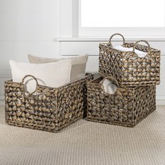 Quinn Bohemian Cottage Woven Hyacinth Rectangular Storage Baskets with Handles