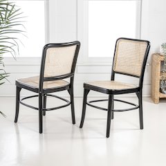 Colmar Mid-Century Black Mahogany Wood & Woven Rattan Cane Back Dining Chairs