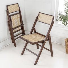 Theo Mid-Century Teak Wood and Rattan Armless Folding Chairs