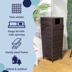 Keaton Modern All-Weather Wicker/Metal Lidded Hideaway Outdoor Trash Can, Brown