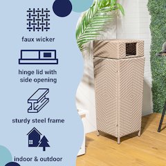 Keaton Modern All-Weather Wicker/Metal Lidded Hideaway Outdoor Trash Can, Brown