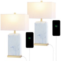 Chloe Modern Coastal Iron/Marbled Ceramic Led Table Lamp With Usb Charging Port