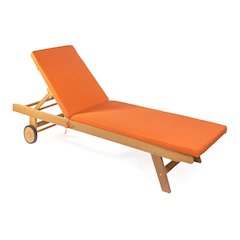 Mallorca Acacia Wood Outdoor Chaise Lounge Chair with Orange Cushion and Wheels