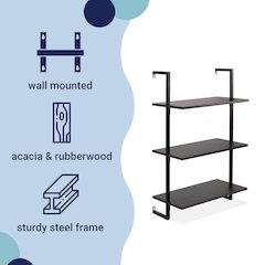 Industrial 3-Shelf Wood Wall-Mounted Open Ladder Bookcase with Metal Frame