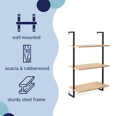 Industrial 3-Shelf Wood Wall-Mounted Open Ladder Bookcase with Metal Frame