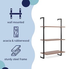 Industrial 3-Shelf Wood Wall-Mounted Open Ladder Bookcase with Metal Frame