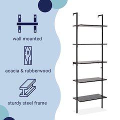 Industrial 5-Shelf Wood Wall-Mounted Open Ladder Bookcase with Metal Frame