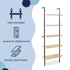 Industrial 5-Shelf Wood Wall-Mounted Open Ladder Bookcase with Metal Frame