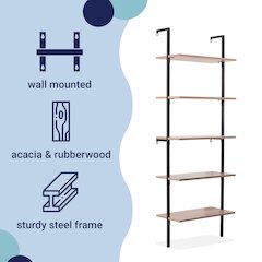 Industrial 5-Shelf Wood Wall-Mounted Open Ladder Bookcase with Metal Frame