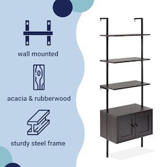 Industrial 4-Shelf Wood Wall-Mounted Open Ladder Bookcase with Cabinet