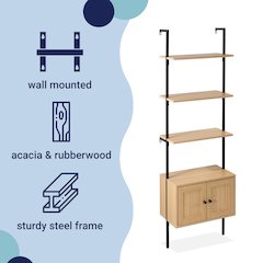 Industrial 4-Shelf Wood Wall-Mounted Open Ladder Bookcase with Cabinet