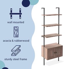 Industrial 4-Shelf Wood Wall-Mounted Open Ladder Bookcase with Cabinet