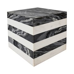 Felix 15.5" Contemporary Natural Marble Handmade Cube End Table, Black/White