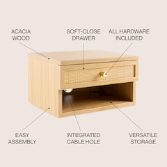 Modern Floating Wall Mounted Nightstand with Soft-Close Rattan Drawer