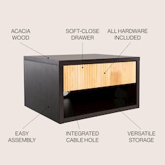 Floating Wall Mounted Nightstand with Soft-Close Tambour Drawer and Cable Hole