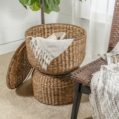 Bhola Hourglass Handwoven Hyacinth Storage Accent Table With Lid