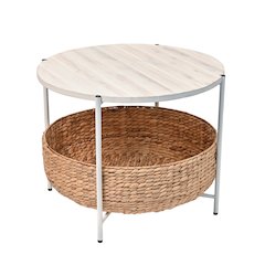 Round Acacia Wood/Water Hyacinth Coffee Table with Storage Basket, Natural/White