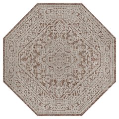 Sinjuri Medallion Textured Weave Red/Taupe 5' Octagon Indoor/Outdoor Area Rug