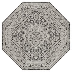 Sinjuri Medallion Textured Weave Gray/Black 5' Octagon Indoor/Outdoor Area Rug