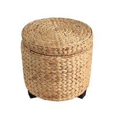 Handwoven Water Hyacinth Storage Ottoman with Lid, Natural