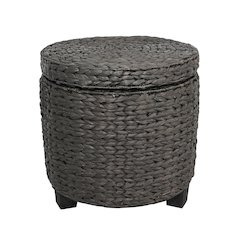 Handwoven Water Hyacinth Storage Ottoman with Lid, Black
