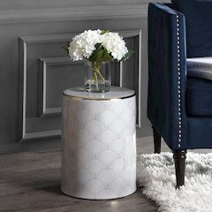 Fish Scale 17" White and Gold Floral Chinoiserie Ceramic Drum Garden Stool