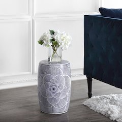 Camellia 17" Traditional Blue Floral Chinoiserie Ceramic Drum Garden Stool