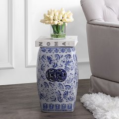 Floral Vine Chinoiserie Ceramice Square Garden Stool