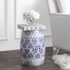 Happy Hearts 17.75" Blue and White Floral Chinoiserie Ceramic Drum Garden Stool